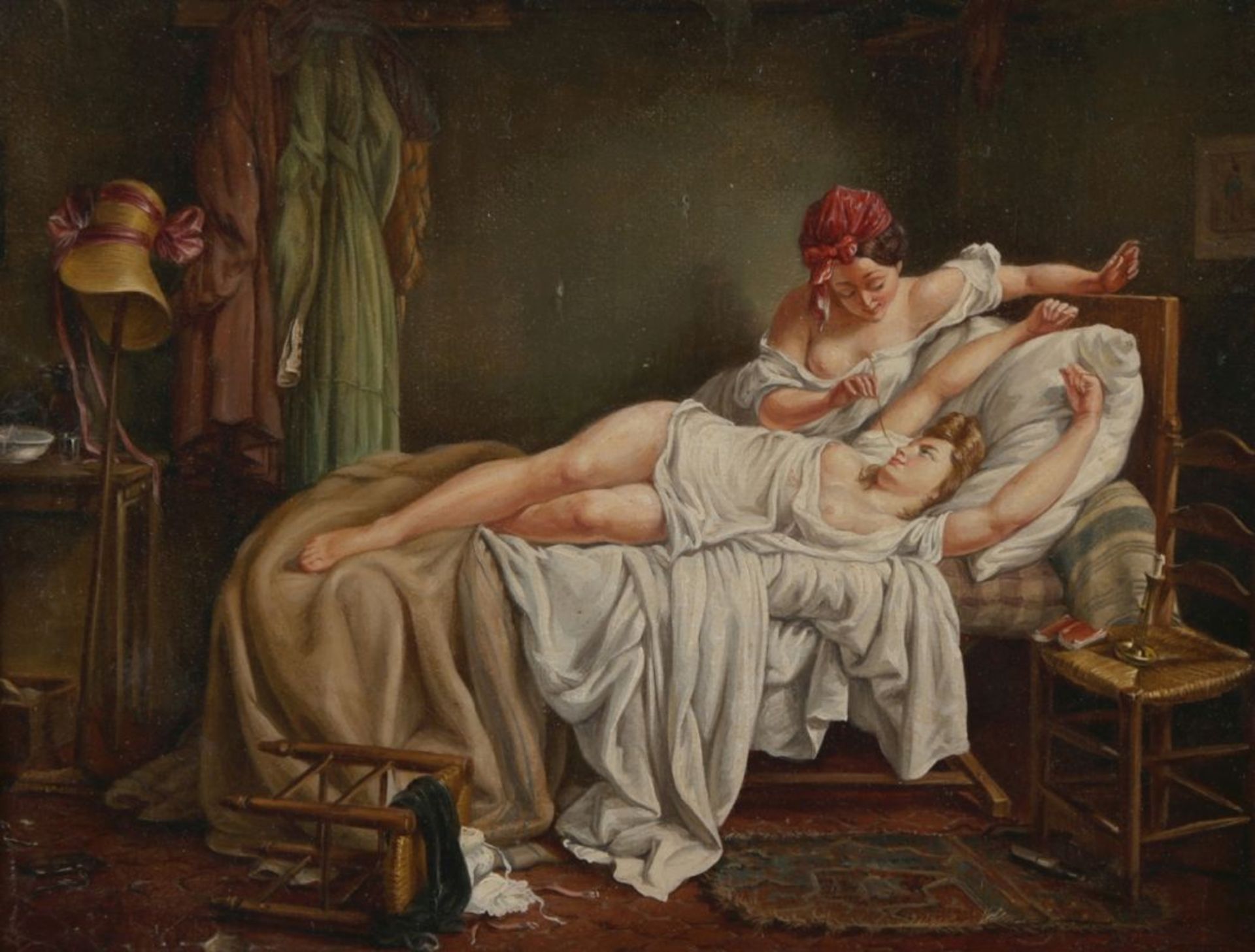 Anonymer Maler, wohl Italien, um 1850. "Neckisches Spiel", Öl/Lw., 23 x 30 cm