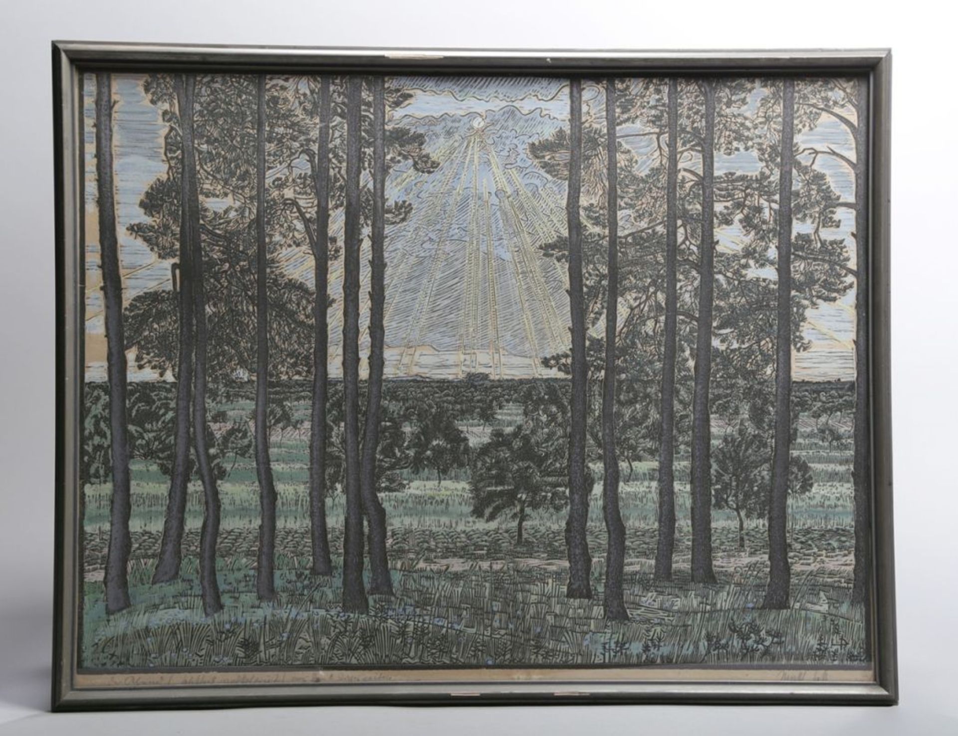 Hess, Mathias, Walldorfer Maler Mitte 20. Jh. "Sonnendurchflutete Landschaft",Holzschnitt, hand