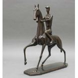 Bronze, "Reiter zu Pferd", modern, neuzeitlicher Guss, Bronzesockel, 42 x 39 cm