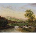 Deutscher Landschaftsmaler (tätig Mitte 19. Jh.), "Hirten mit Vieh in hügeliger Landschaft", Öl