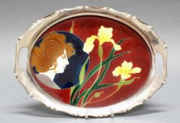 Tablett, "Frauenkopf und Lilien", Keramik, Jugendstil, Pressnummer A 8927, polychrom, oval, Rand aus