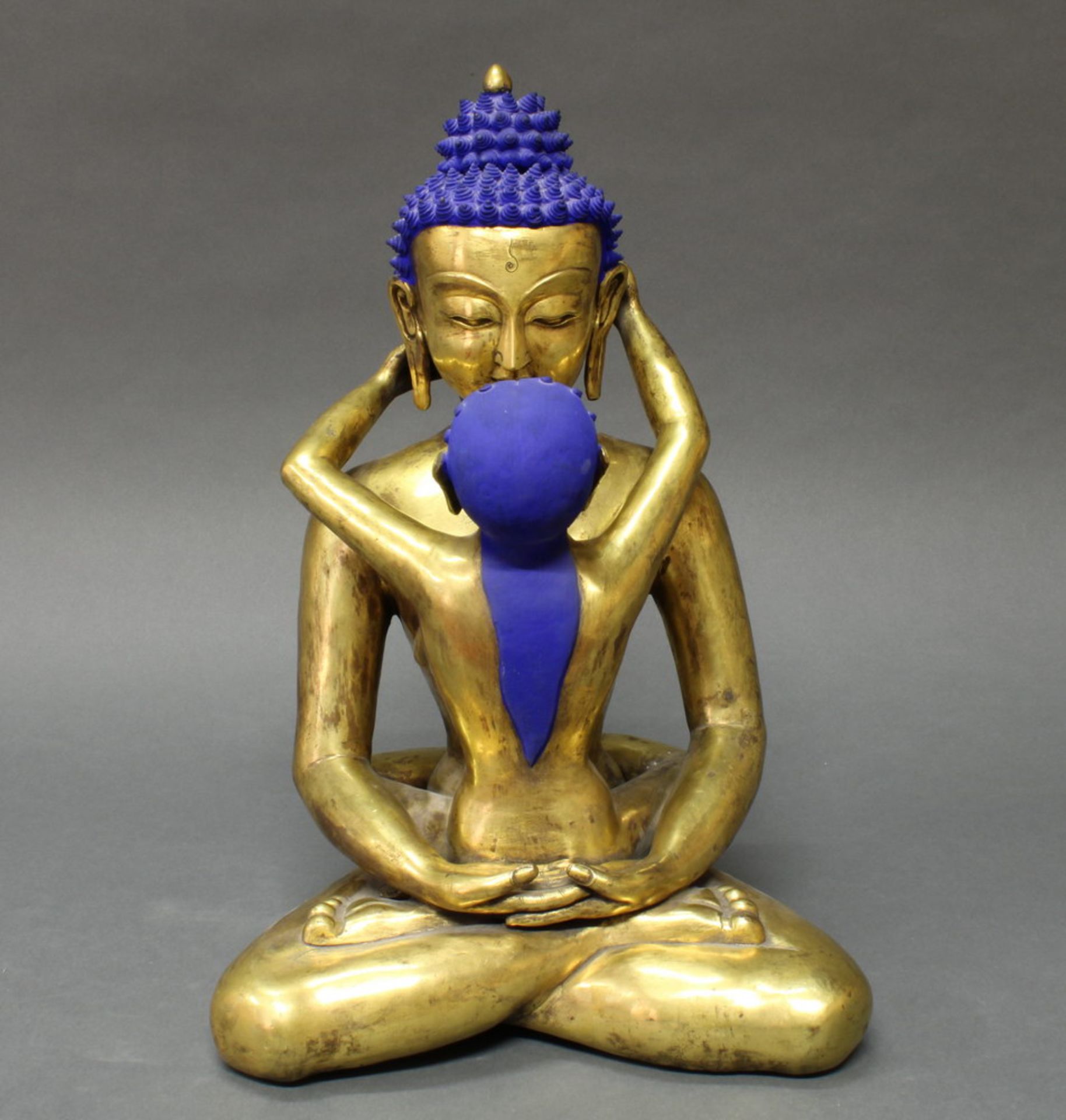 Figur, "Buddha mit Gefährtin", Nepal, spätes 20. Jh., Metall, vergoldet, Haare mit blauer - Bild 2 aus 5
