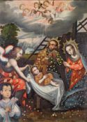 Schule von Cusco (18./19. Jh.), "Heilige Familie mit Engel und Stifterfigur", Öl auf Leinwand,
