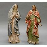 2 Skulpturen, Holz geschnitzt, "Muttergottes", "Hl. Johannes", aus einer Kreuzigungsgruppe, 17. Jh.,