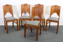 5 Stühle, Art Deco, um 1930, Eiche, Sitzpolster erneuert, restauriert