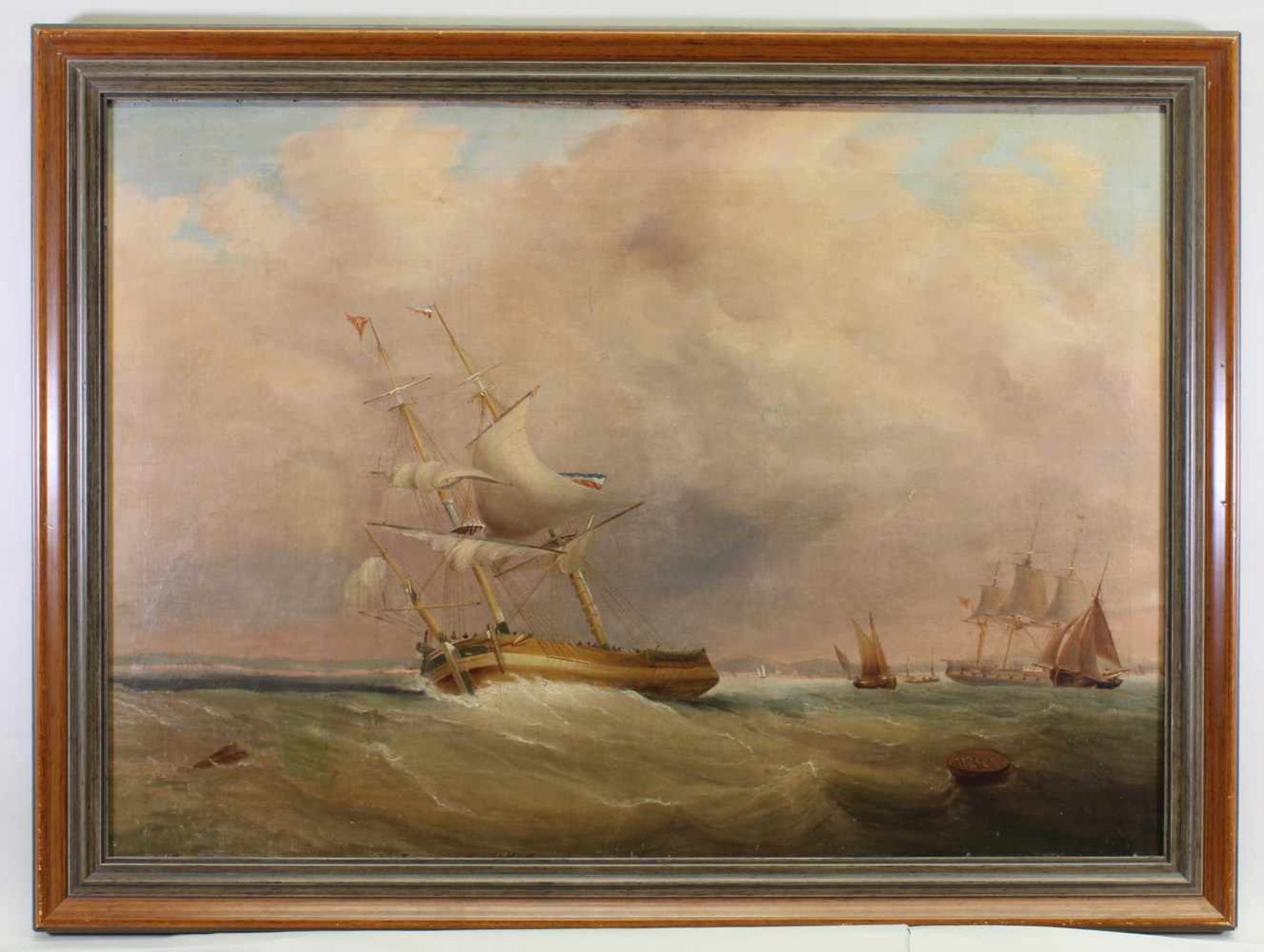 Marinemaler (19. Jh.), "Segelschiffe vor der Küste", Öl auf Leinwand, doubliert, bezeichnet unten - Image 2 of 5