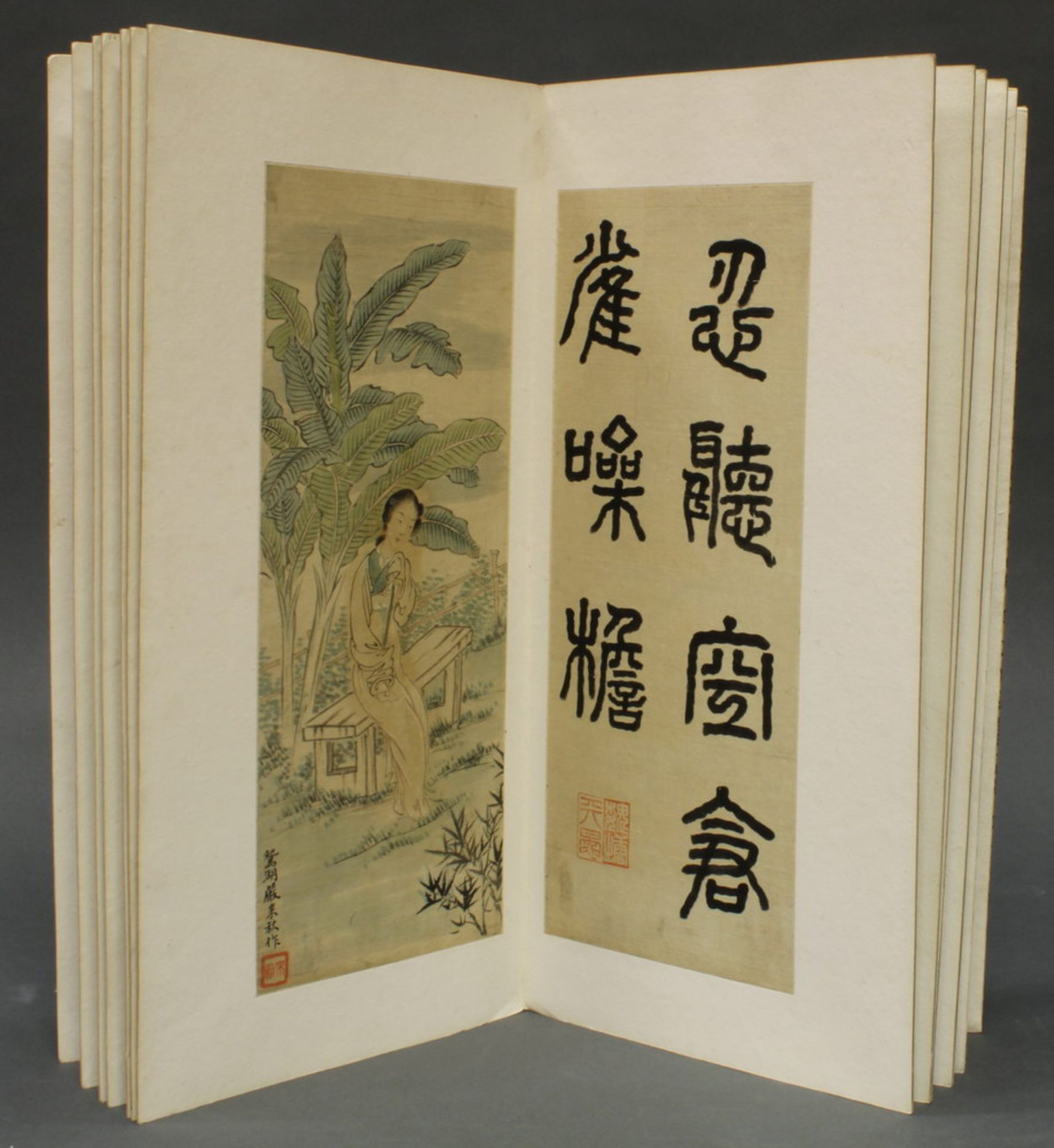 Album, China, 20. Jh., Brokateinband, 12 Blätter mit jungen Schönheiten in Landschaften, Farbe auf - Image 7 of 12
