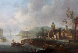 Landschaftsmaler (1. Hälfte 18. Jh.), "Maritime Landschaft mit Personenstaffage", Öl auf Leinwand,