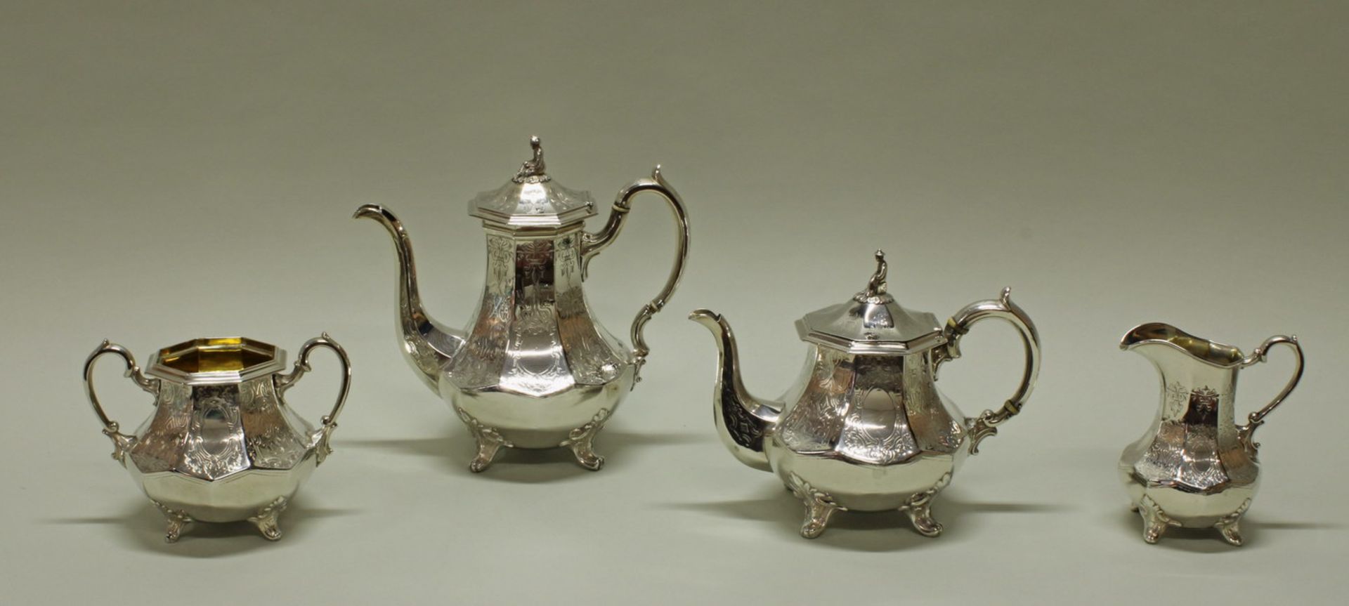 Kaffeekanne, Teekanne, Zuckerdose, Sahnegießer, Silber 925, Sheffield, 1863, Meistermarke DS (wohl