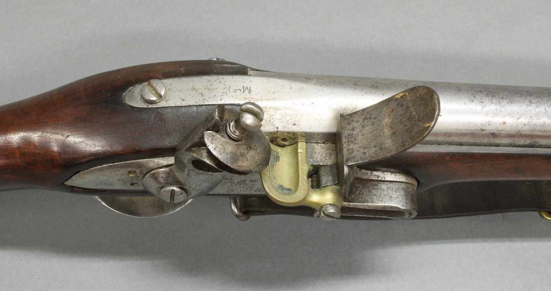 Steinschloss-Gewehr, mit original Bajonett in Lederscheide, militärisch, Frankreich, gestempelt - Bild 7 aus 9