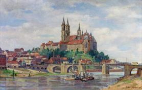 Hahn, Walter (19./20. Jh.), "Blick auf Meissen", Öl auf Leinwand, signiert und datiert unten