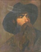 Porträtmaler (19. Jh.), "Bärtiger Mann mit Hut", Öl auf Leinwand, auf Holz, 52 x 43 cm, Kratzer,
