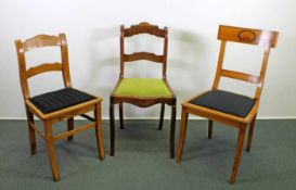 3 verschiedene Stühle, 19. Jh./um 1900, verschiedene Hölzer, Sitzpolster