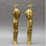 2 Bronzen, "Abstrakt", jeweils 53 cm hoch (Gesamtmaß), Patina schadhaft. Peter Balogh, 1920 -