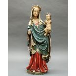 Skulptur, Holz geschnitzt, gefasst, "Muttergottes mit Kind", wohl 19. Jh., im Stil des 15. Jh., 74