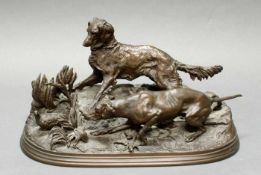 Bronze, braun patiniert, "Zwei Jagdhunde erspähen ein Perlhuhn", vorne rechts bezeichnet P.J.