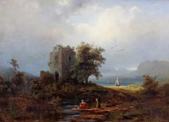Landschaftsmaler (19. Jh.), "Wäscherin vor Ruine", rechts Blick auf eine Küstenlandschaft, Öl auf