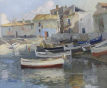 Torroella, Ezequiel (1921 Palamos - 1998, Landschaftsmaler), "Blick in einen südlichen Hafen", Öl
