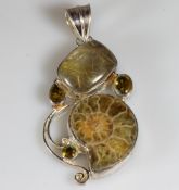 Anhänger, Silber 925, Fossilscheibe, Rutilquarz, 3 kleine facettierte Citrine, 6.5 cm, 20 g