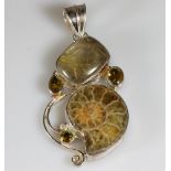 Anhänger, Silber 925, Fossilscheibe, Rutilquarz, 3 kleine facettierte Citrine, 6.5 cm, 20 g