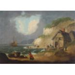 Marinemaler (19. Jh.), "An der Küste", Öl auf Leinwand, doubliert, 40 x 56 cm, stark verpresst und