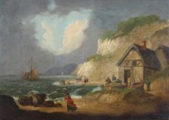 Marinemaler (19. Jh.), "An der Küste", Öl auf Leinwand, doubliert, 40 x 56 cm, stark verpresst und