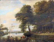 Niederlande (17./18. Jh.), "Reisende und Fischer in bewaldeter Landschaft", Öl auf Holz,