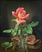 Grünberg, Wolfgang (1909 - 2001, in Köln tätiger Blumenmaler (Rosen)), "Rose im Wasserglas", Öl