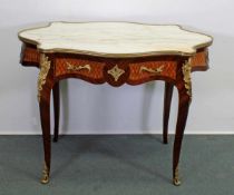 Kleiner Schreibtisch, Louis XV-Stil, neuzeitlich, diverse Hölzer mit Einlegearbeiten, ein Schubfach,