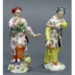 2 Porzellanfiguren, "Japanerin mit Glocke", "Japaner mit Flasche und Korb", Meissen, Schwertermarke,