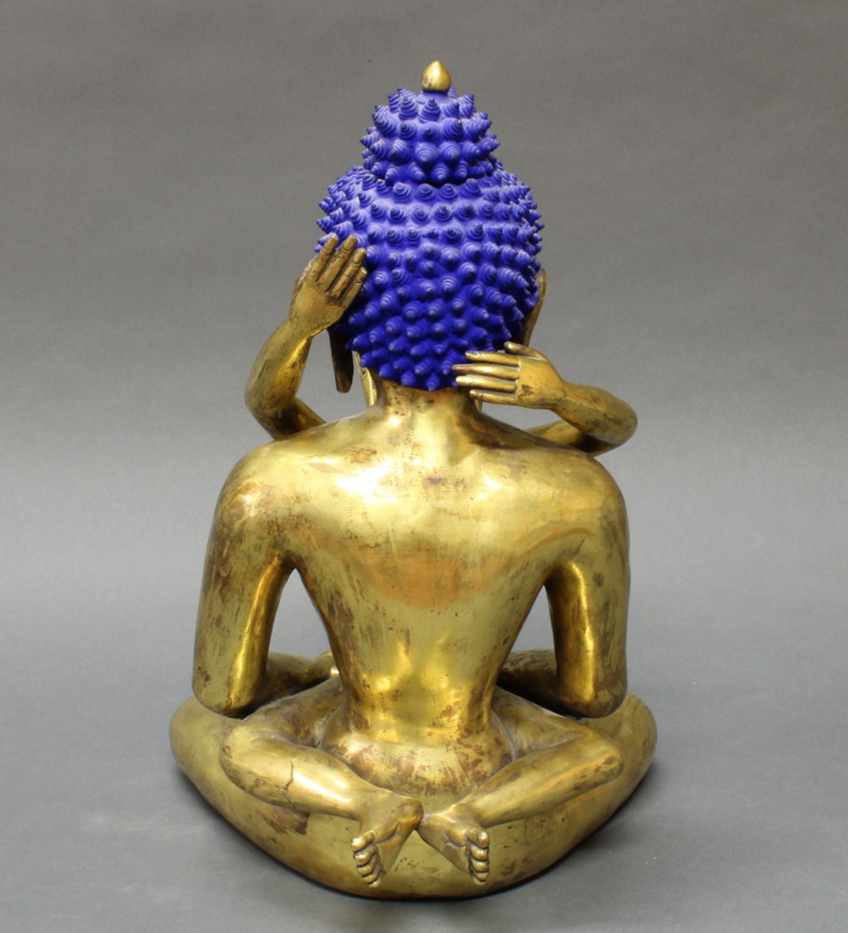 Figur, "Buddha mit Gefährtin", Nepal, spätes 20. Jh., Metall, vergoldet, Haare mit blauer - Bild 3 aus 5