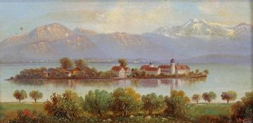 Landschaftsmaler (19./20. Jh.), 2 kleinformatige Gemälde: "Blick auf den Chiemsee", Öl auf Leinwand,