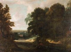 Landschaftsmaler (18. Jh.), "Landschaftsausblick", Öl auf Leinwand, 80 x 110 cm, mehrere kleine