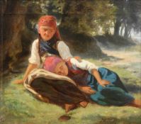Undeutlich signiert (um 1870), "Zwei Mädchen in oberösterreichischer Tracht", Öl auf Papier, am