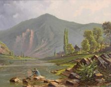 Kunz, August (1830 Heilbronn - 1878 Echternach, Maler), "An der Sauer", Öl auf Karton, verso