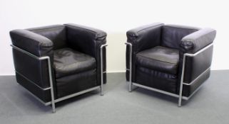 Paar Sessel, nach dem Modell LC2 von Le Corbusier, schwarzes Leder, Chromgestell, ungemarkt