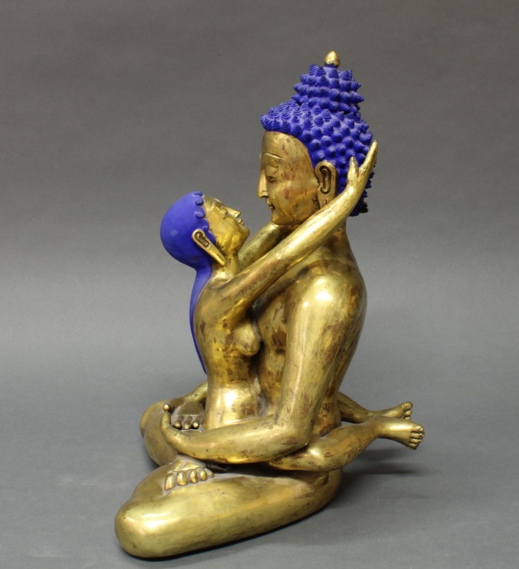 Figur, "Buddha mit Gefährtin", Nepal, spätes 20. Jh., Metall, vergoldet, Haare mit blauer - Bild 5 aus 5