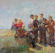 Russischer Maler (1. Hälfte 20. Jh.), "Getreideernte", Öl auf Leinwand, 78 x 82 cm, verso