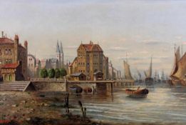 Domba, R. (19. Jh.), "Blick auf eine Hafenstadt", Öl auf Leinwand, signiert unten links Domba, 50