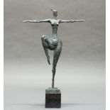Bronze, grünschwarz patiniert, "Tänzerin", auf der Plinthe bezeichnet Milo, auf Steinsockel,