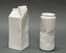 2 Vasen, "Dose Crazy Can", "Milchtüte Pacco Bello", Rosenthal, Do not litter, Weißporzellan, matt,