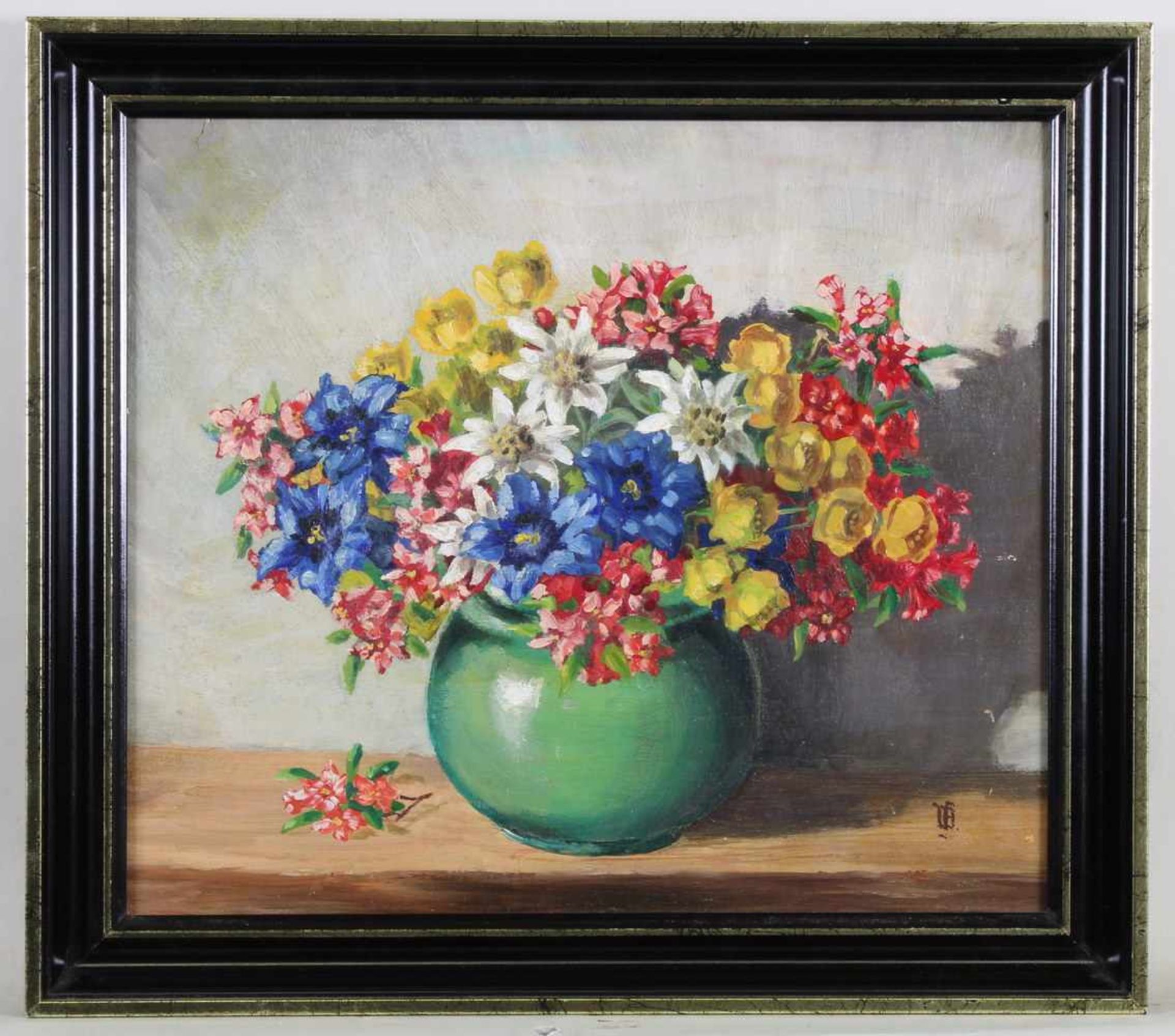 2 kleine Ölgemälde: "Alpenblumen", undeutlich monogrammiert unten rechts, 26 x 29 cm ; " - Bild 4 aus 7