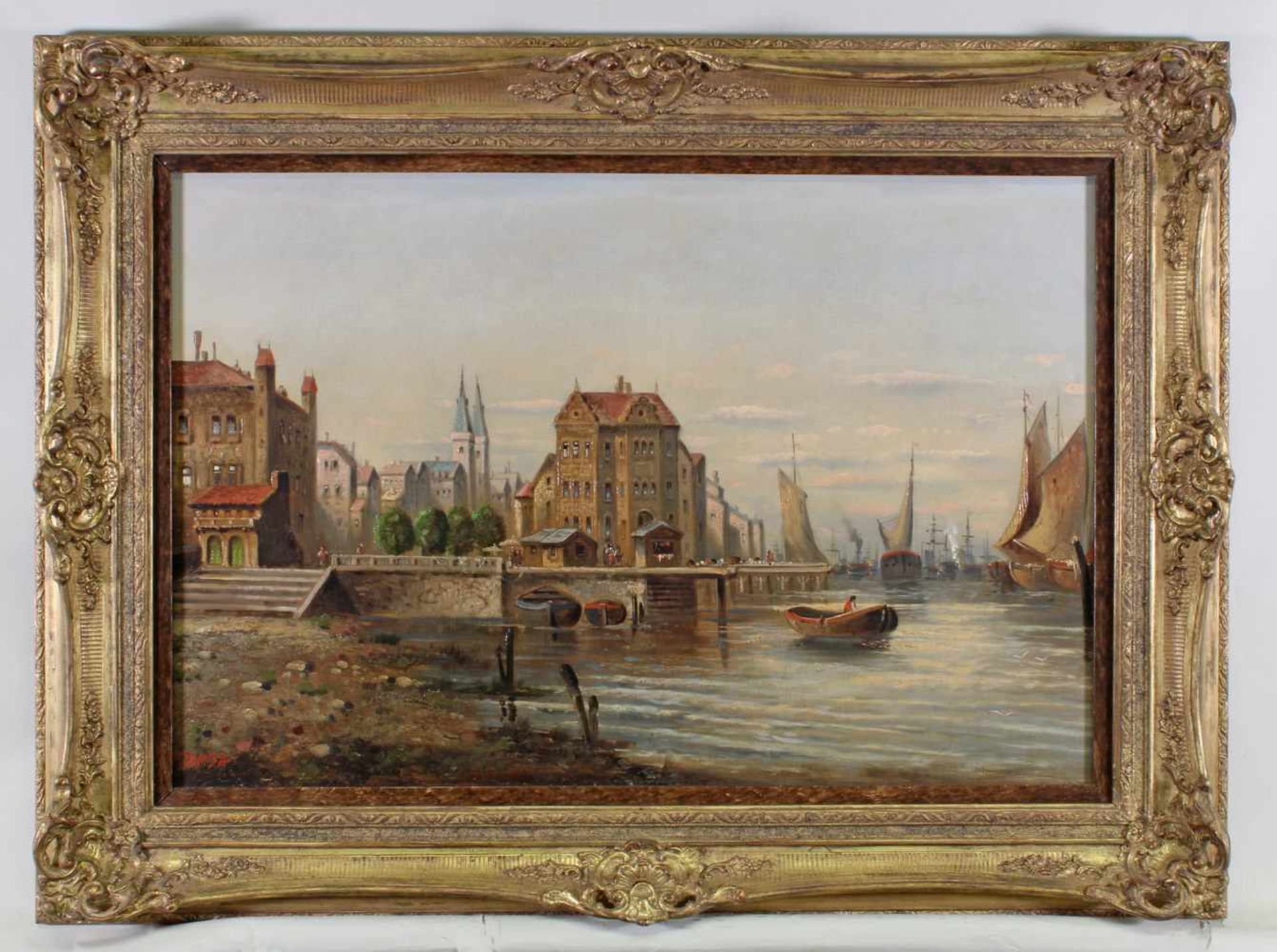 Domba, R. (19. Jh.), "Blick auf eine Hafenstadt", Öl auf Leinwand, signiert unten links Domba, 50 - Image 2 of 4