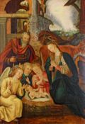 Rheinischer Maler (16./17. Jh.), "Heilige Familie mit Engeln im Stall", Öl auf Holz, 63 x 45.5 cm,