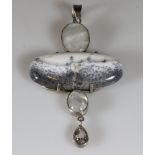 Anhänger, Silber, Mondstein, Dendriten-Achat, Bergkristall, 8.5 cm, 22 g