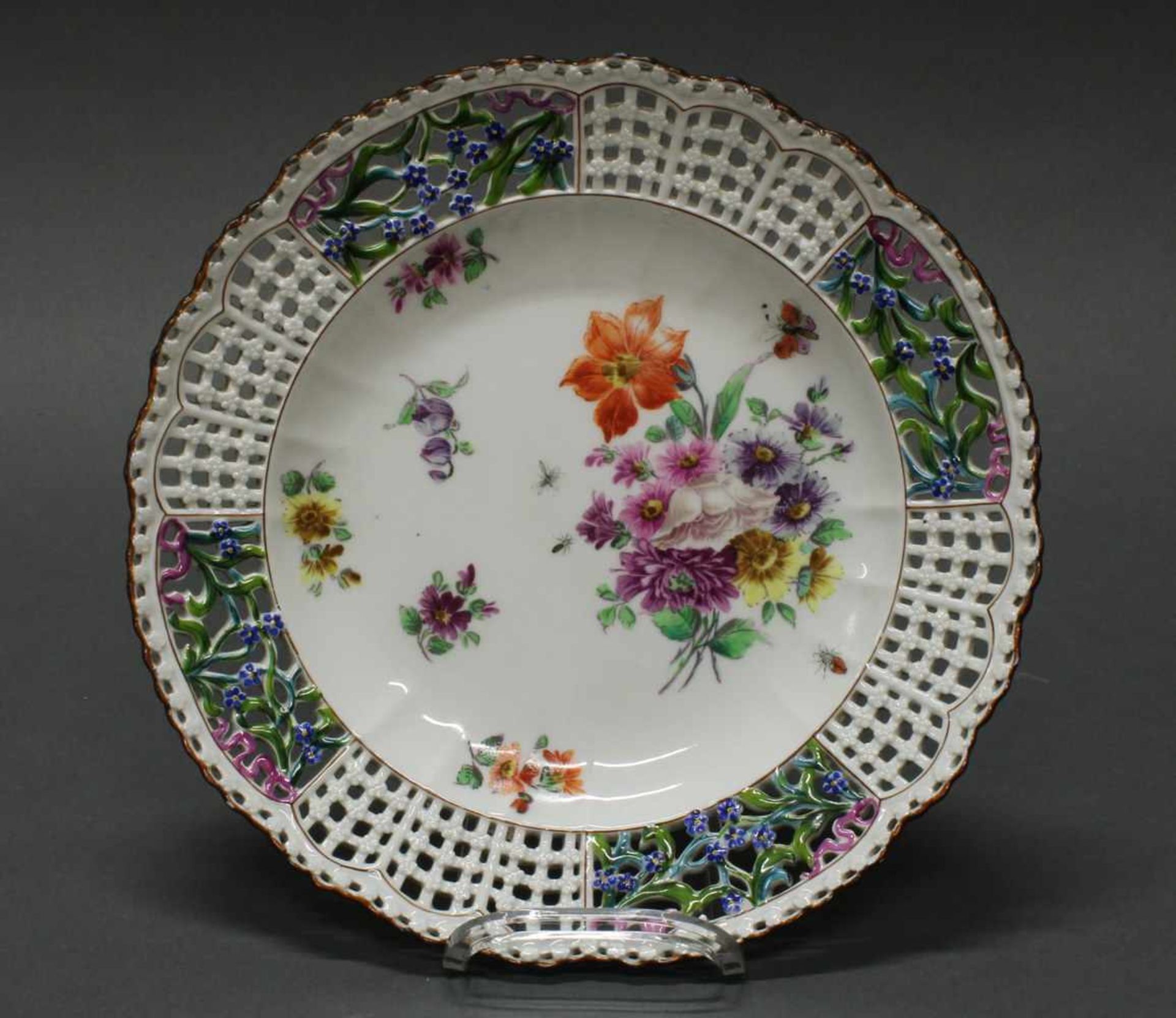 2 Durchbruchteller, Meissen, Schwertermarke, 1850-1924, 2. Wahl, Spiegel mit Blumenmalerei, - Image 3 of 3