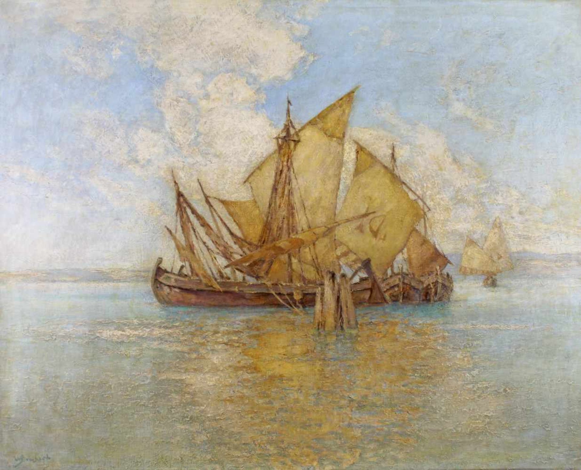 Bombach, Wilhelm (1855 Berlin - 1946, Landschaftsmaler), "Segelboote vor der Küste", Öl auf