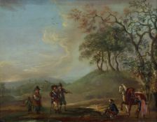 Niederländischer Landschaftsmaler (17./18. Jh.), "Bei der Rast", Öl auf Kupfer, verso Reste einer