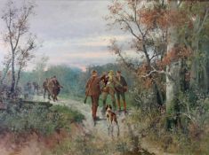 Kaufmann, Adolf (1848 Troppau - 1916 Wien, Landschaftsmaler), "Nach erfolgreicher Jagd", Öl auf