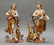 2 Skulpturen, Holz geschnitzt, "Diana" und "Dionysos", Lindenholz, Süddeutschland, um 1760, je 53 cm